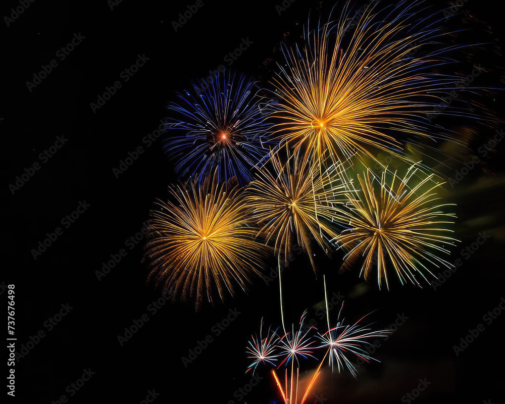 Fireworks in a black night sky, magnificent yellow and blue colors
