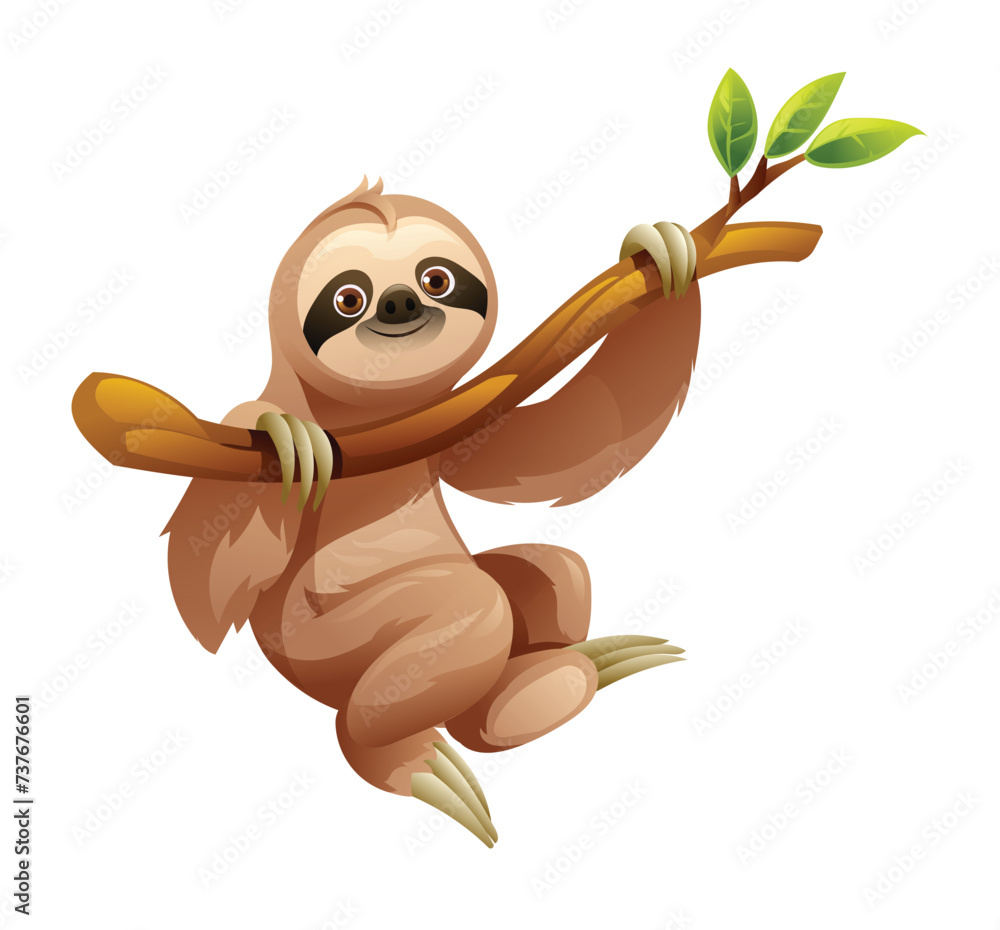 Obraz premium Cartoon sloth hanging from tree branch. Vector illustration isolated on white background