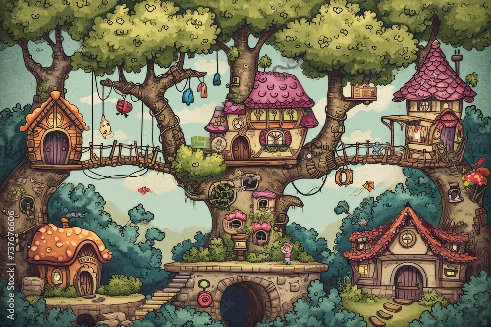 Obraz premium Cartoon cute doodles of a whimsical treehouse village, with characters in treehouse homes connected by charming bridges, Generative AI