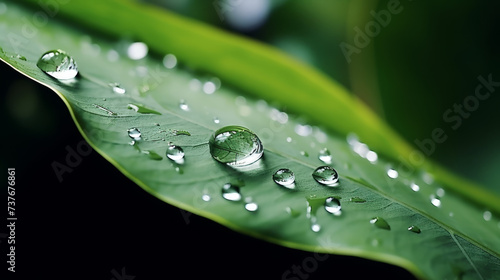 Close-up of fresh raindrops on a green leaf with a blurred background.