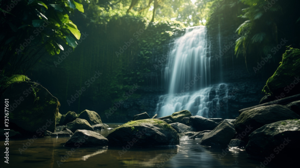 Tranquil waterfall in a lush forest with sunlight filtering through the foliage, serene nature scene.