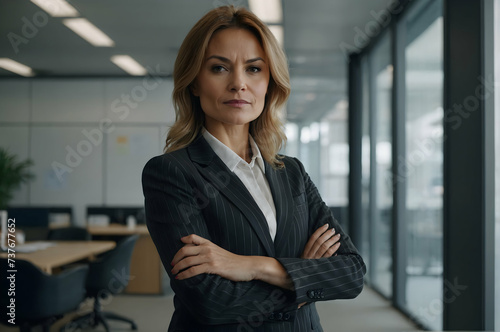 Attractive mid aged businesswoman wearing blazer and standing at the office.standing with arms crossed, Confident professional woman looking at camera and smiling.