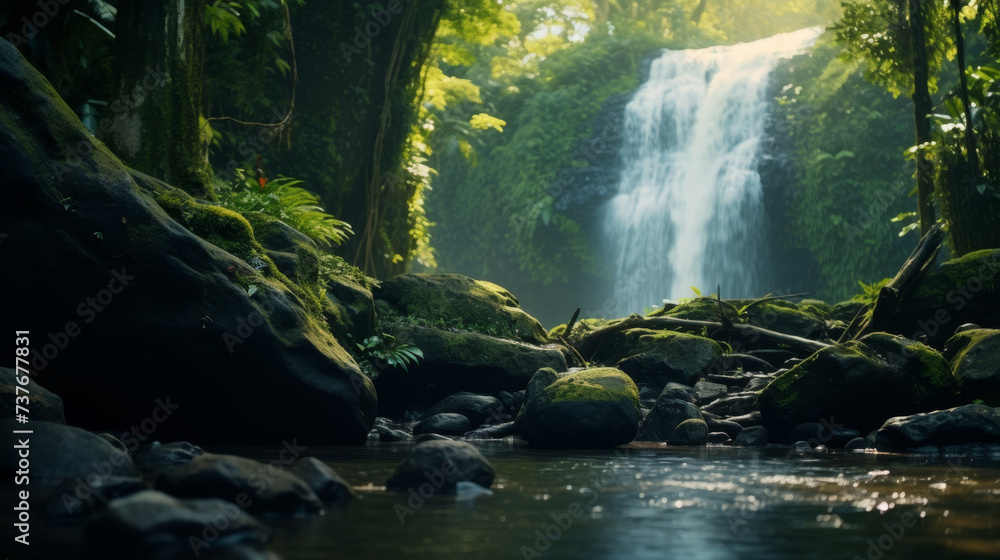 Tranquil waterfall in a lush forest with sunlight filtering through the foliage, serene nature scene.
