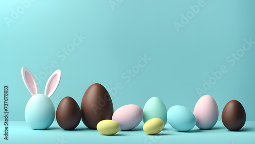3D easter banner with bunny character and chocolate easter eggs isolated on blue background. Happy easter concept. photo