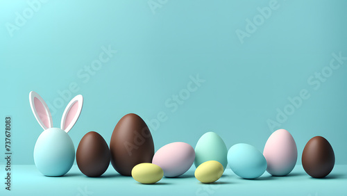3D easter banner with bunny character and chocolate easter eggs isolated on blue background. Happy easter concept.