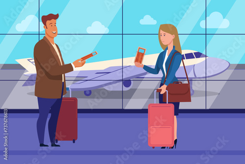 Business people with tickets and suitcases in airport. Vector illustration. Businessman and businesswoman travelling. Airplane landing on background. Business trip concept