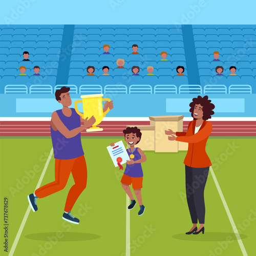 Father and son in sportswear celebrating triumph in competition. Vector illustration. Man with champion cup and boy with gold medal and certificate of achievement. Woman nearby congratulating 