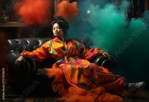 Woman in Colorful Dress Sitting on Couch