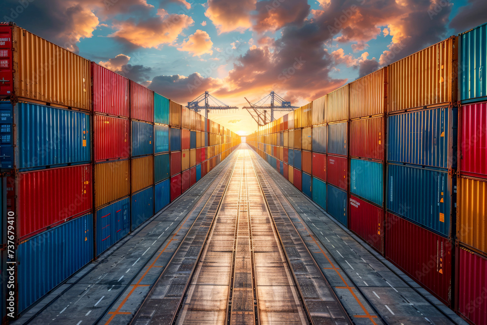 Fototapeta premium shipping containers in different colors. Transport business. Logistics import and export concept. Generative AI