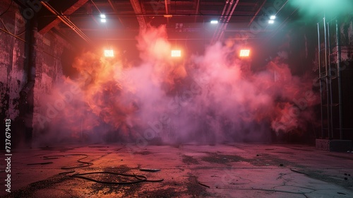 An abandoned studio with a cement floor, vibrant smoke in the backdrop, and floodlights above, Generative AI