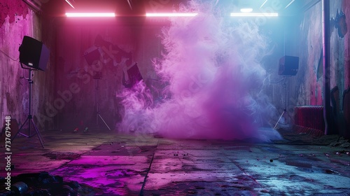 An abandoned studio with a cement floor, vibrant smoke in the backdrop, and floodlights above, Generative AI