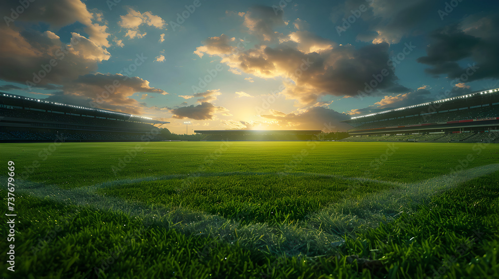 A vibrant green football field in a stadium with fans cheering in the background. - obrazy, fototapety, plakaty 