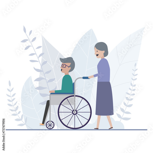 車椅子のお爺さんと楽しく散歩をするお婆さん