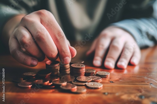 A person making a financial decision by placing a coin into a pile of coins. Generative AI. photo