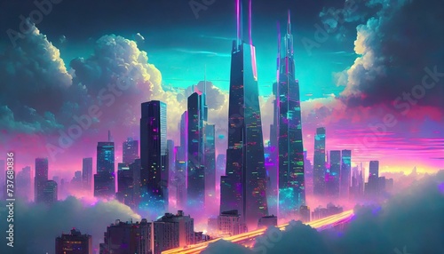 Illustration futuristic cityscape shrouded in clouds, with skyscrapers reaching up into the mist and neon lights reflecting off the dense cloud cover
