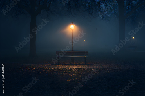 An empty public park at night with an illuminated light and a bench, creating a peaceful and tranquil atmosphere