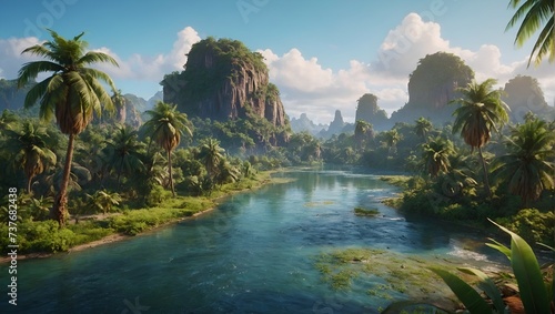 Rivers of Time Hyper-Realistic Glimpses into Ancient Lands adorned with Coconut Trees under the Day