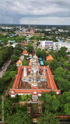 Top view of the main prang of Wat Mahathat Worawihan. It is an architecture built in the 18th century , consisting of a main prang and three subordinate prangs on the same base. Located at Thailand.