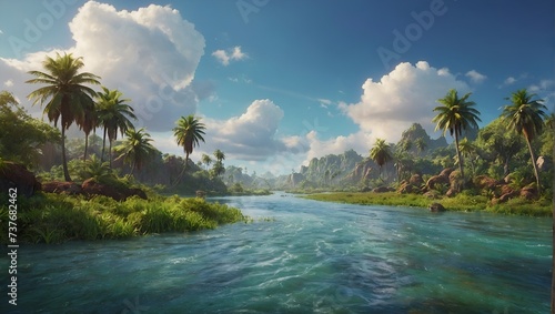 Sunlit Realms Hyper-Realistic Depiction of Ancient Lands Adorned with Coconut Trees and Meandering 