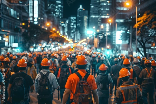 A nighttime march of helmeted individuals on a city street