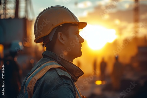 A reflective moment for a construction worker in a hard hat, set against the warm glow of the setting sun on a job site © Rax Qiu