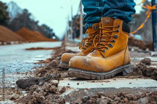 Dusty yellow work boots on an unfinished road with construction materials in the background