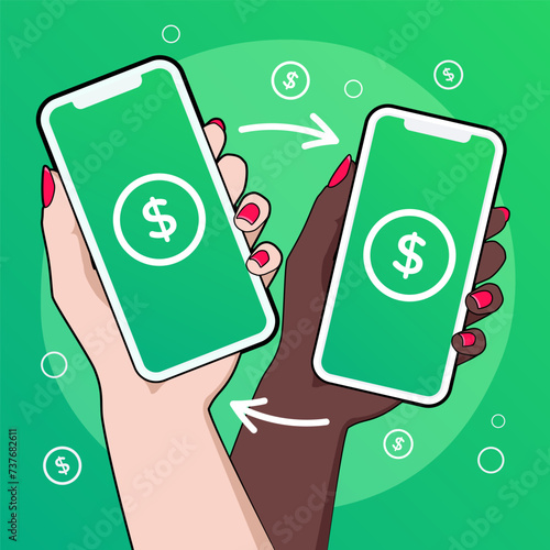Money flow concept. Mobile payment success. Received and transferred with check mark on screen. Woman's hand transacting with smartphone, sending and receiving money with online banking payment app. photo
