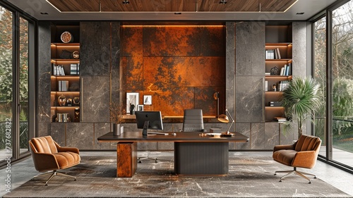 Interior of a contemporary workplace including a black computer desk, bookshelves, and concrete floor with dark concrete walls.3d rendering .