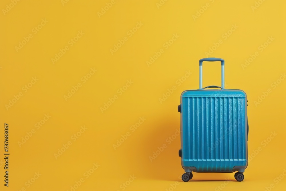 a blue suitcase is sitting on a yellow background a blue suitcase is sitting on a yellow background