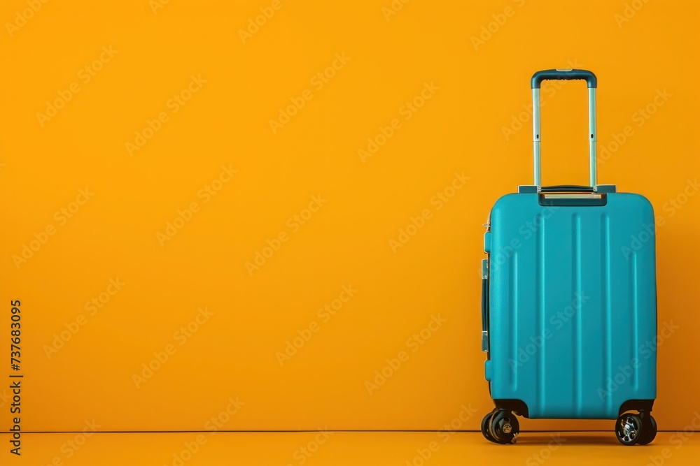 a blue suitcase is sitting in front of a yellow wall a blue suitcase is sitting in front of a yellow wall