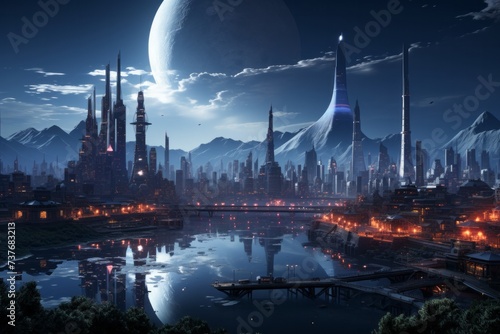 a futuristic city with a large moon in the background and a river in the foreground