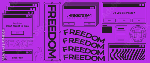 distorted y2k 90s funky groovy design control technology digital error bug effect with text freedom and peace purple color