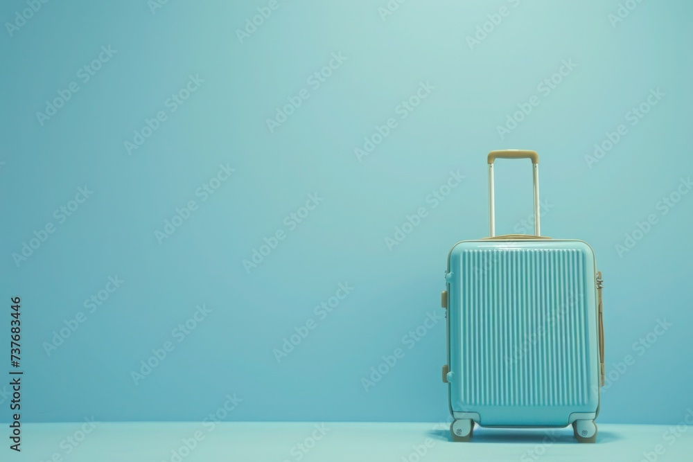 a blue suitcase is sitting in front of a blue wall a blue suitcase is sitting in front of a blue wall