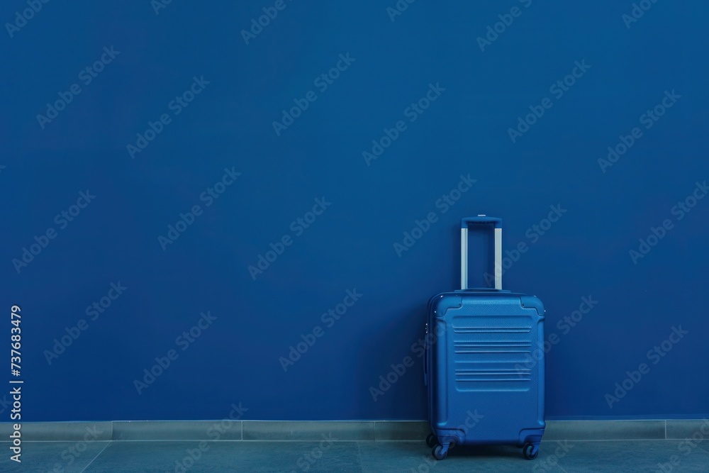 Obraz premium A liquid blue suitcase rests against an electric blue wall