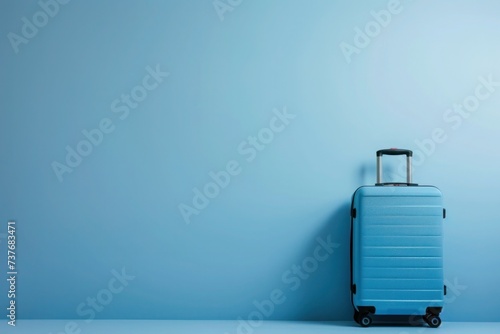 a blue suitcase is leaning against a blue wall