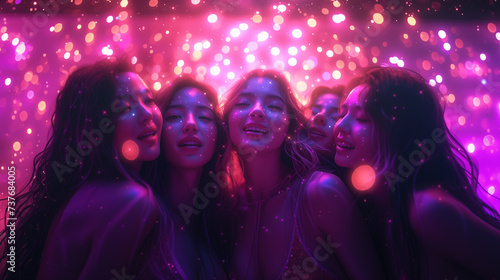A smiling young women enjoys the moment while dancing in a lively nightclub atmosphere surrounded by friends.