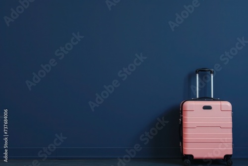 a pink suitcase is leaning against a blue wall