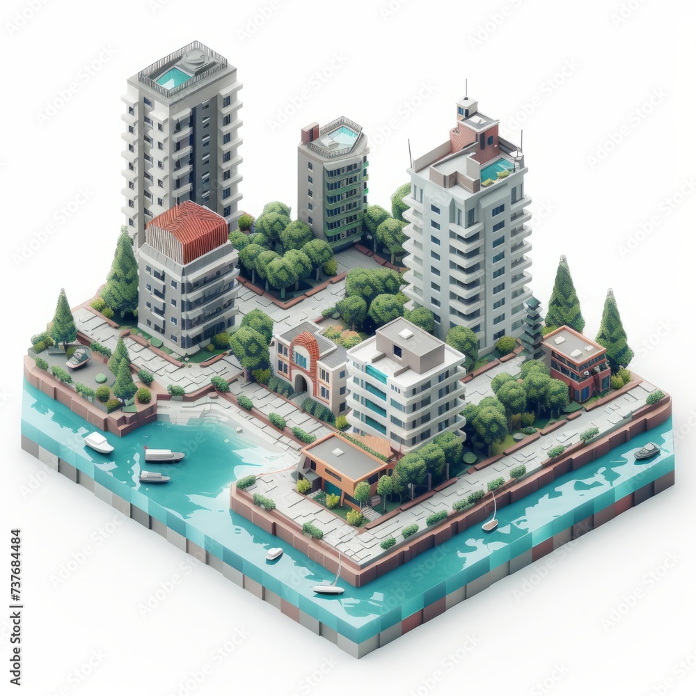 City Waterfront Icon, on isolated white background, Generative AI City Waterfront Icon, on isolated white background, Generative AI