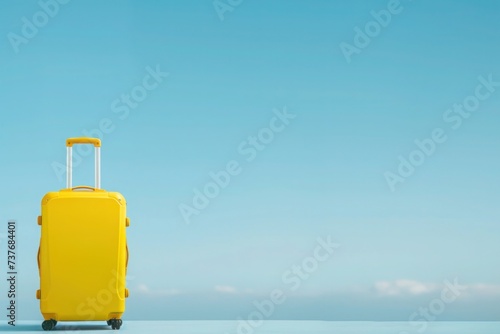 a yellow suitcase is sitting on a blue surface in front of a blue sky