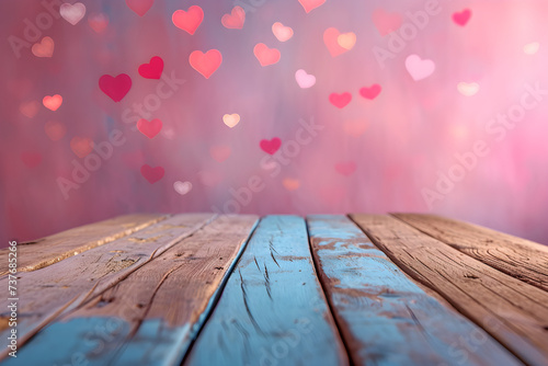 Valentine's Day themed background with a pastel-colored wooden table for product display, bokeh lights, and hearts in the background. Suitable for Valentine's Day promotion or celebration.