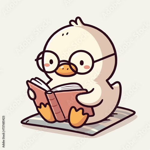 Cute baby duck studying while reading a book wearing eyeglass. Cartoon character mascot for children book, sticker, doodle. Baby duck reading a book mascot template. 