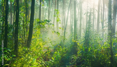 Morning mist in a sunny forest
