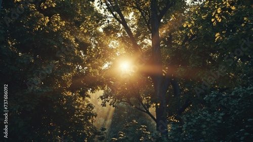 The sun shines through the trees in a forest. Generative AI.