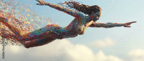 A woman flying through the air with colorful paint. Generative AI. photo