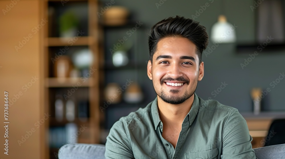 Headshot portrait of attractive confident indian Hispanic man with toothy smile looking at camera at modern living room. copy space for text. Headshot portrait of attractive confident indian Hispanic man with toothy smile looking at camera at modern living room. copy space for text.