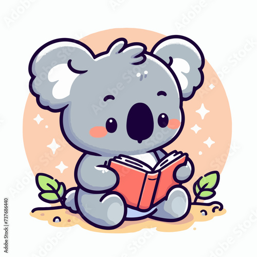 Cute baby koala bear studying while reading a book. Cartoon character mascot for children book, sticker, doodle. Koala bear reading a book mascot template. 