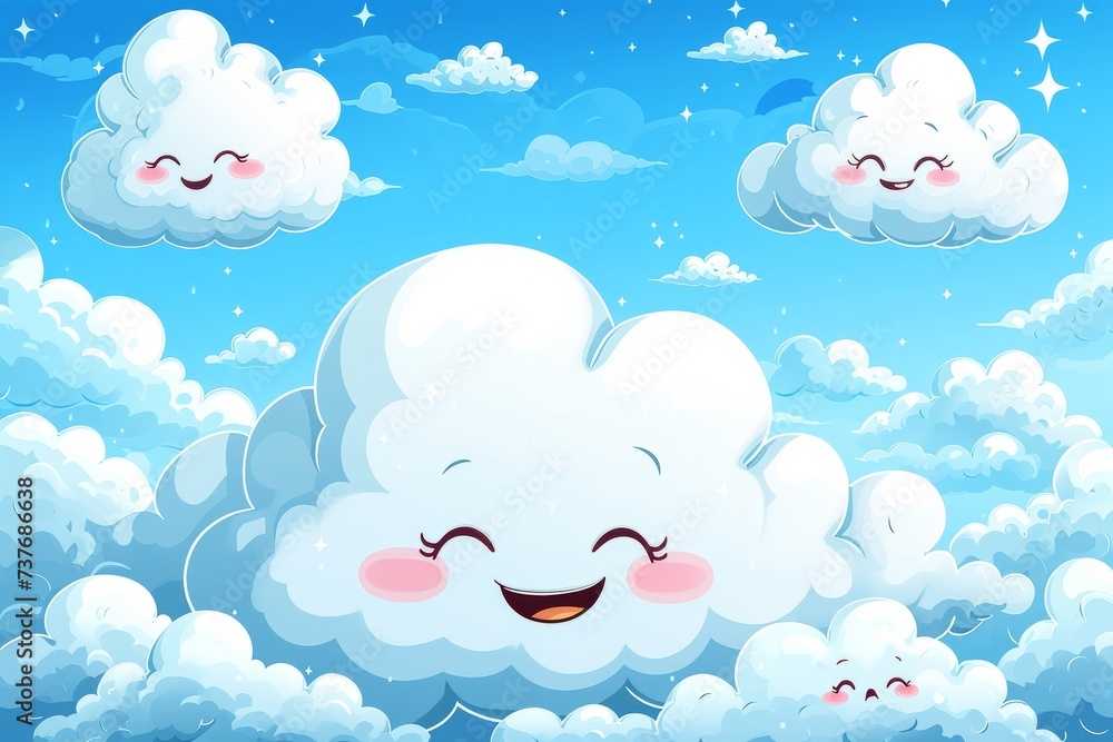 Obraz premium Cartoon cute doodles of fluffy clouds with smiling faces, floating in a clear blue sky on a perfect day, Generative AI