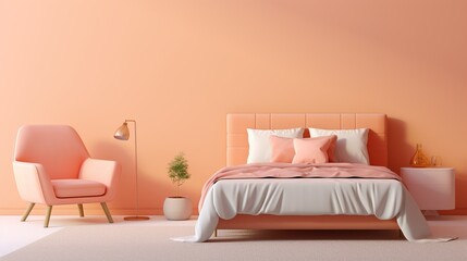 Crédence de cuisine Pantone 2024 Peach Fuzz Peach fuzz room ,minimal luxury bed room interior ,king size bed with peach armchair ,peach color paint wall. color of the year 2024. copy space for text.  © Naknakhone