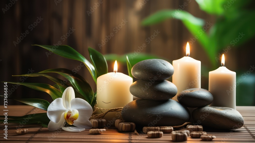 A Spa and health care services Decorated with candles, spa stones and salt on a wooden background. White towels with bamboo sticks and candles for relaxing spa massages and body treatments. A Spa and health care services Decorated with candles, spa stones and salt on a wooden background. White towels with bamboo sticks and candles for relaxing spa massages and body treatments.
