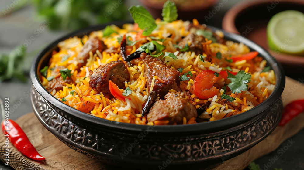 A vibrant dish of Indian biryani with meat, spices, and herbs, served in a traditional pot, ideal for cultural celebrations. A vibrant dish of Indian biryani with meat, spices, and herbs, served in a traditional pot, ideal for cultural celebrations.